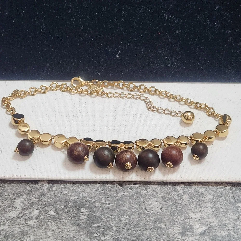 Kate Spade Gold Tone Wood Bead Crystal Statement Necklace Brown Mixed Media‎ Bib